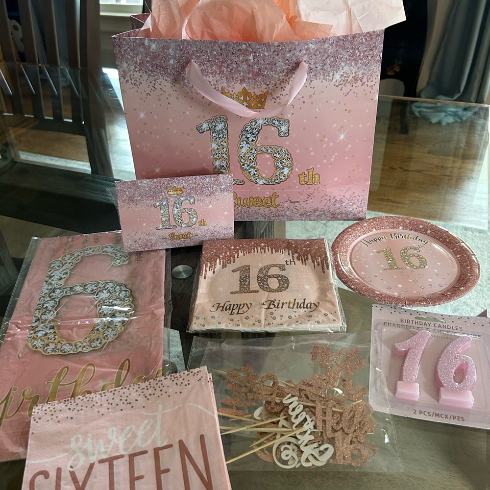 Sweet 16 Birthday Party Supplies Set - Pink and Gold. New!